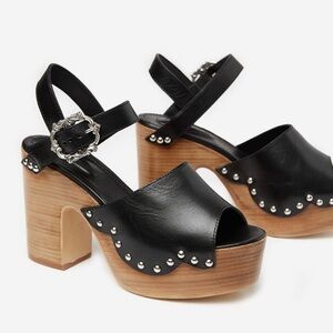 The Kooples Black Leather Wood Platform Clog Sandals Studded Block Heels EU 39